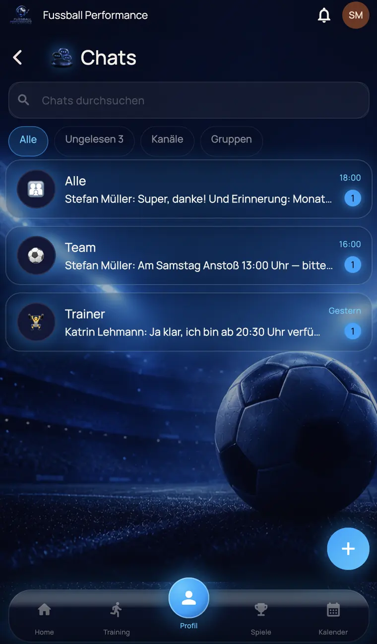 Chat overview of the app with the channels All, Team and Coaches