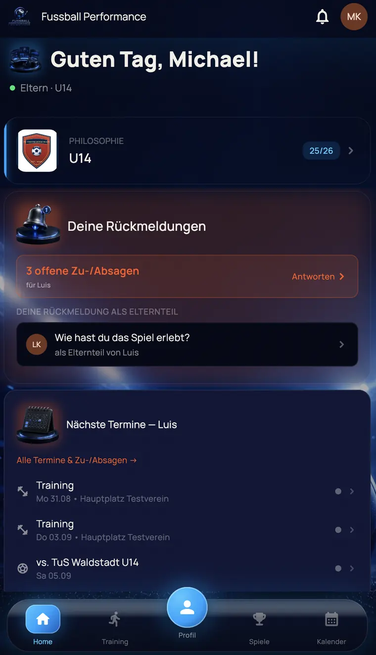 Home screen of a parent with open replies and the child's next fixtures