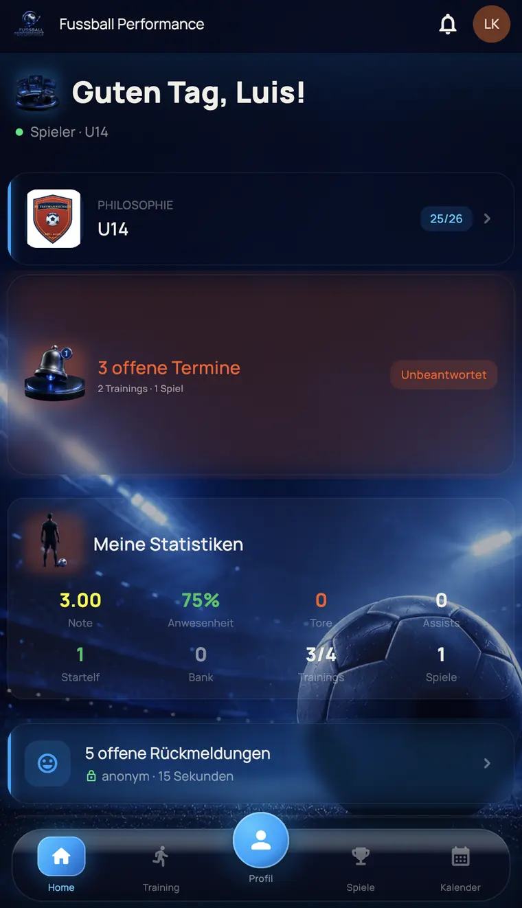 Home screen of a player with open fixtures and their own statistics