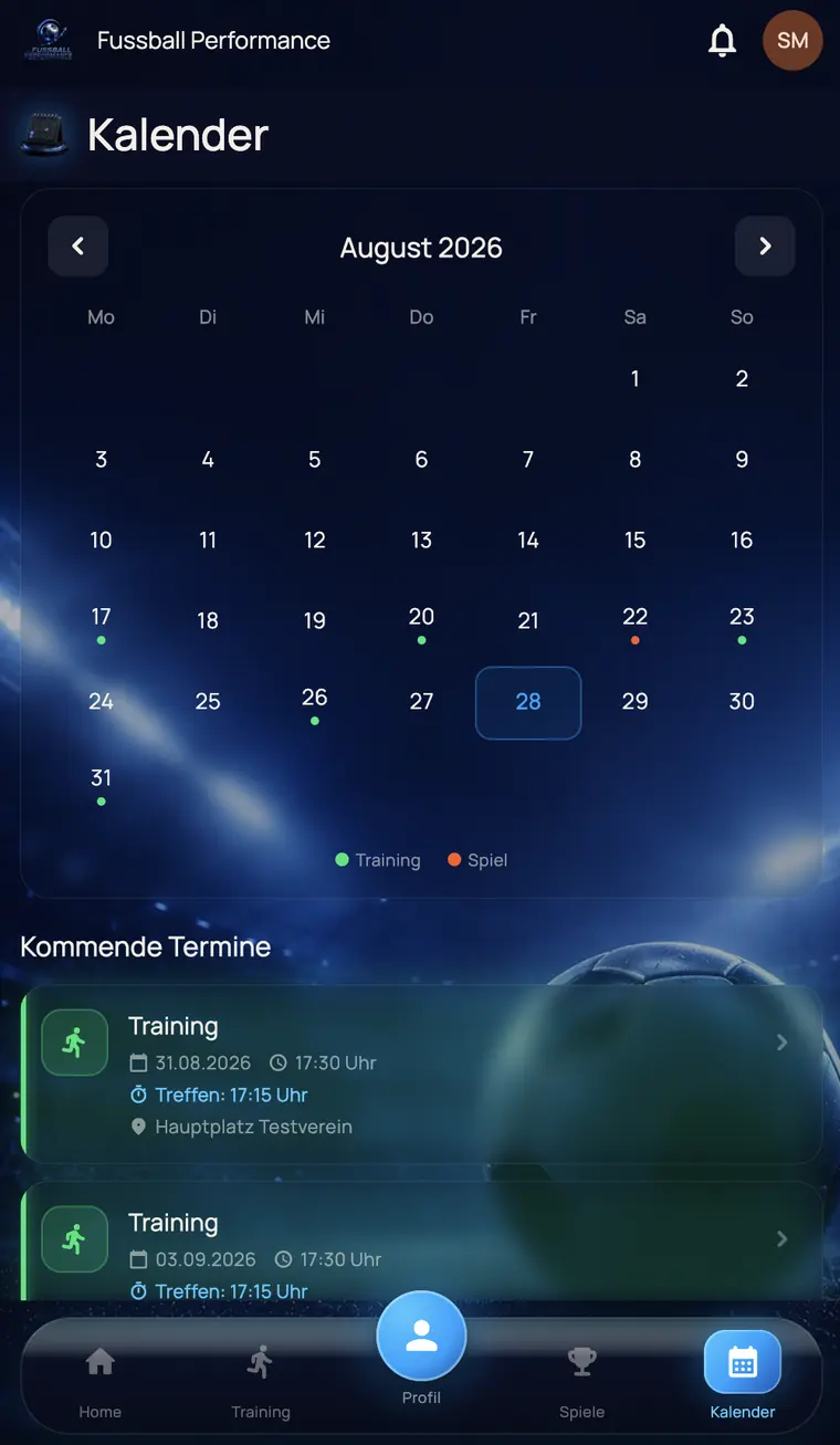Monthly calendar of the app with coloured dots for training sessions and matches, plus the next fixtures