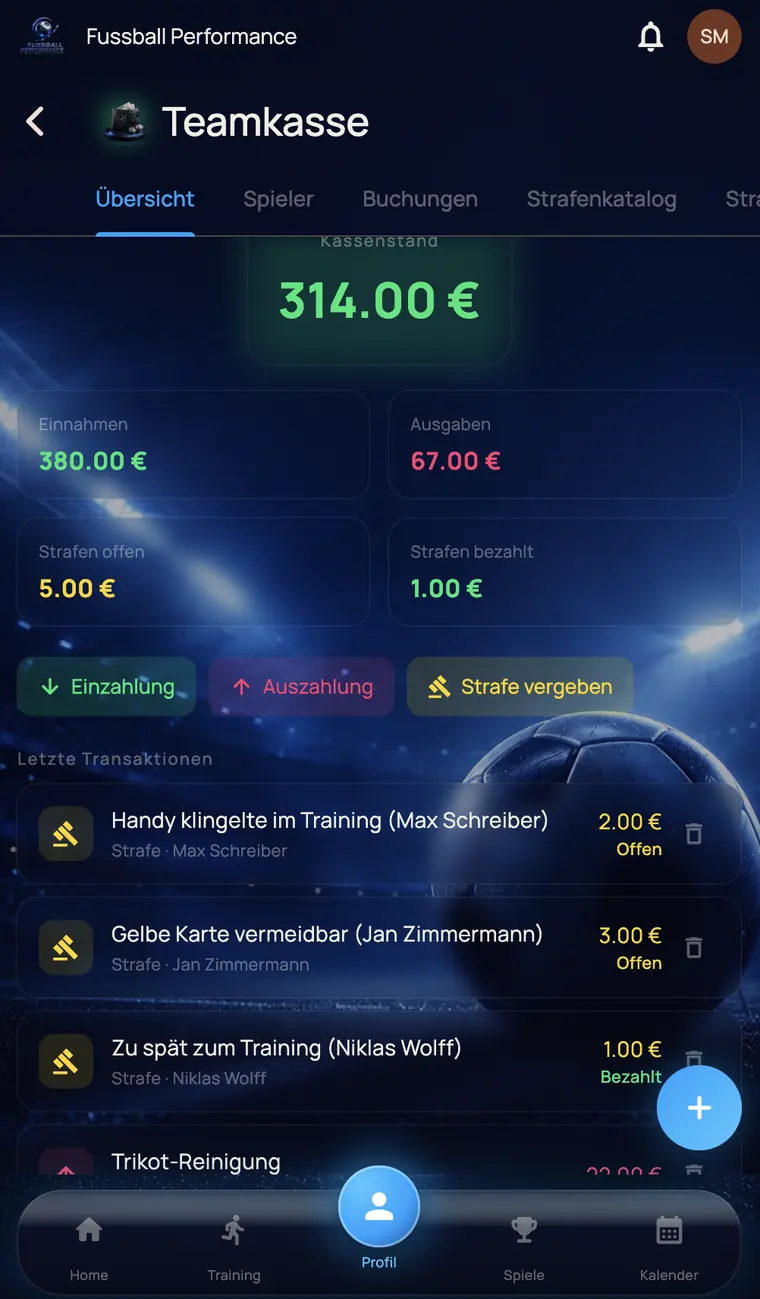 Team kitty with balance, income, expenses and the latest transactions