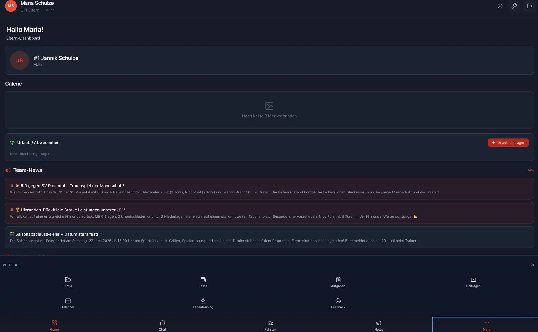 Eltern-Dashboard: eigenes Kind, Team-News