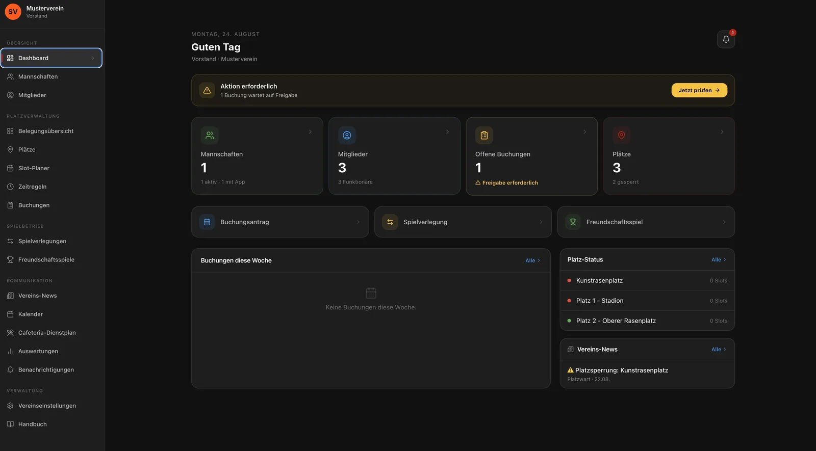 Vereins-Dashboard mit offenen Buchungen, Platz-Status und Vereins-News