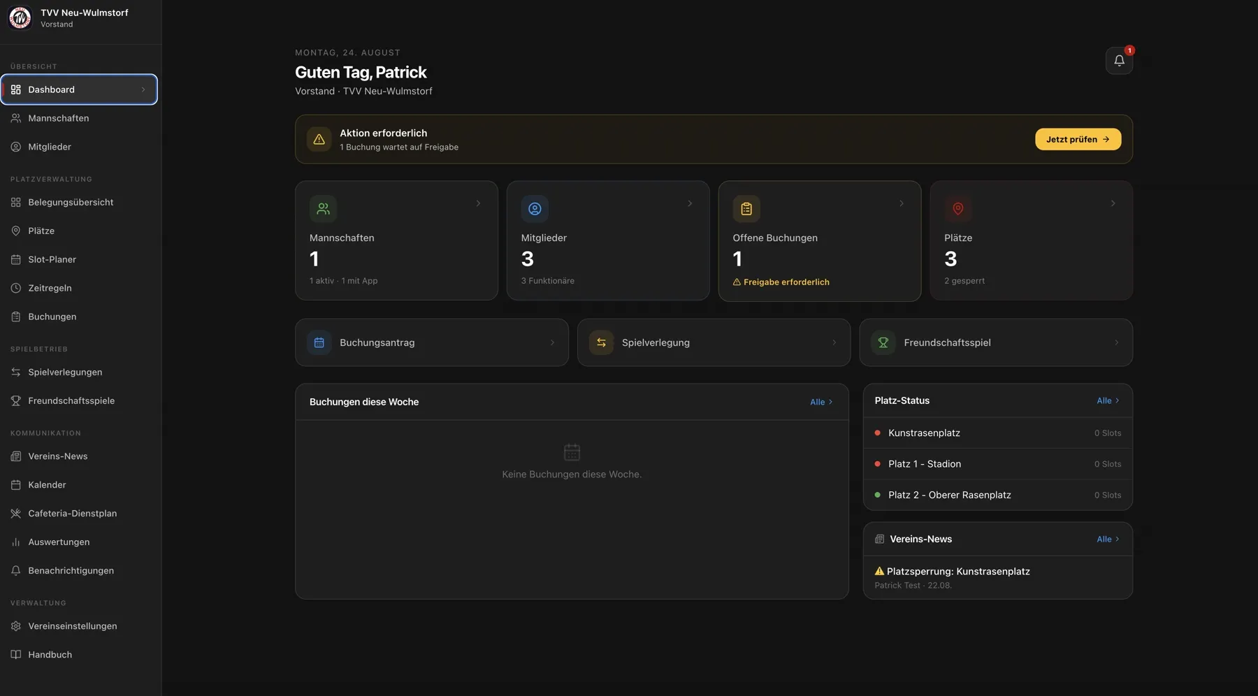 Vereins-Dashboard: Plätze, Buchungen, Mitglieder, Spielverlegungen